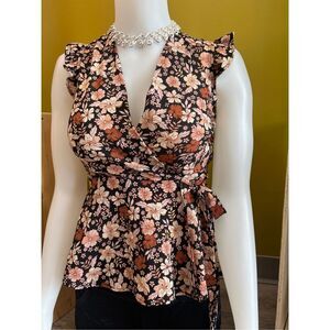 Monteau Los Angles Peplum Top Womens Small Brown Fall Floral Faux Wrap Vneck